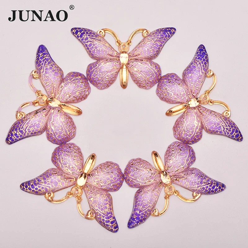 JUNAO 25*38mm Purple AB Sewing Butterfly Rhinestones Crystal Stones Applique Flat Back Resin Scrapbook Strass For Crafts