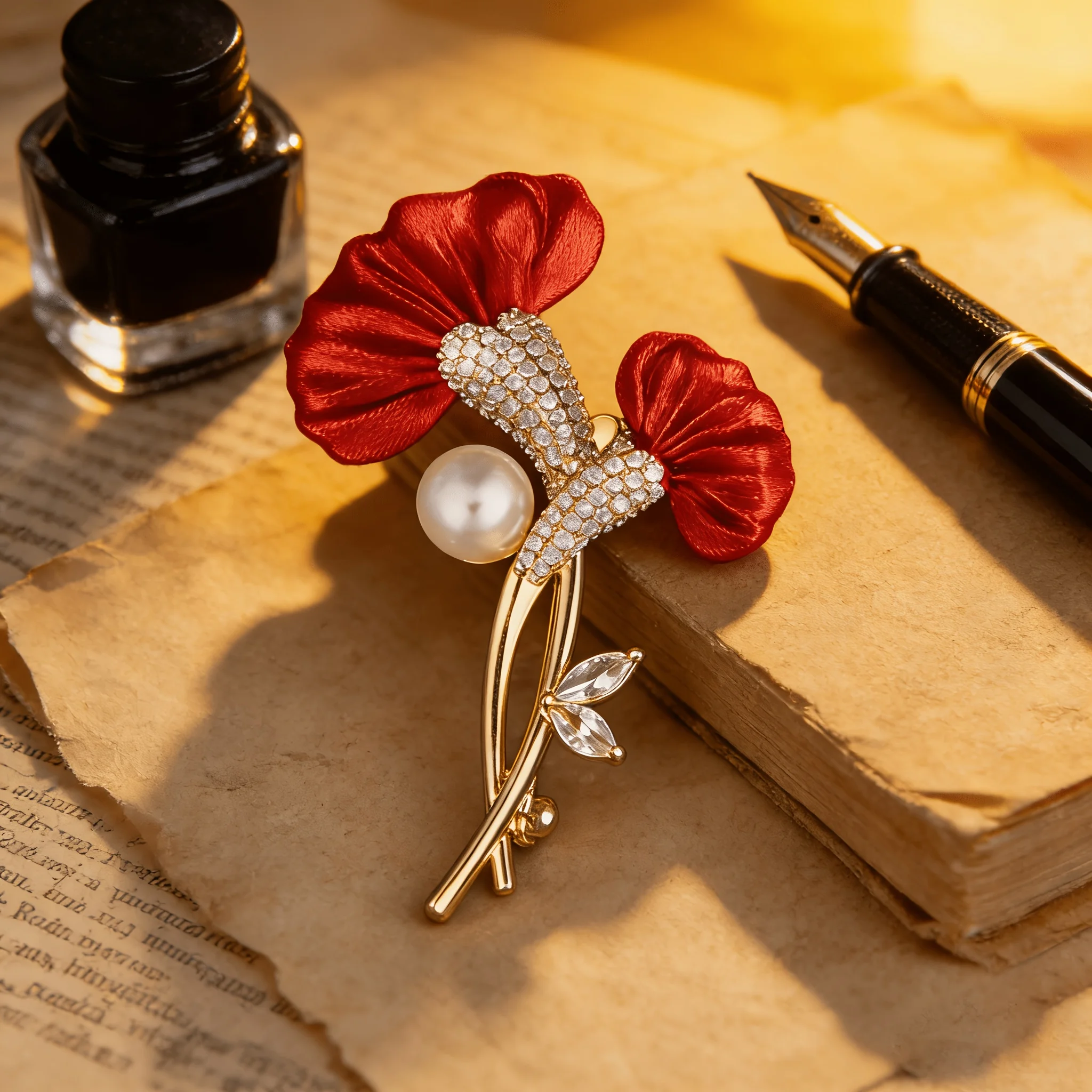 Vintage Red Carnation Brooches And Luxurious Crystal And Pearl Brooches Are Elegant Accessories For Shirts, Dresses, And Suits.