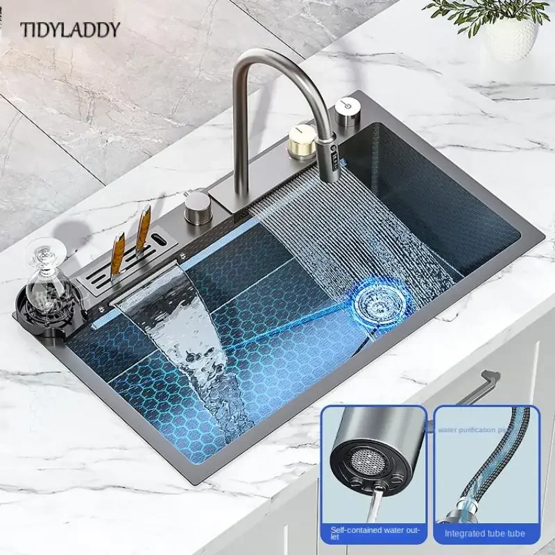 New Stainless Steel Double Waterfall Kitchen Sink Embossed Honeycomb Large Single Slot Waterfall Faucet Kitchen Accessories