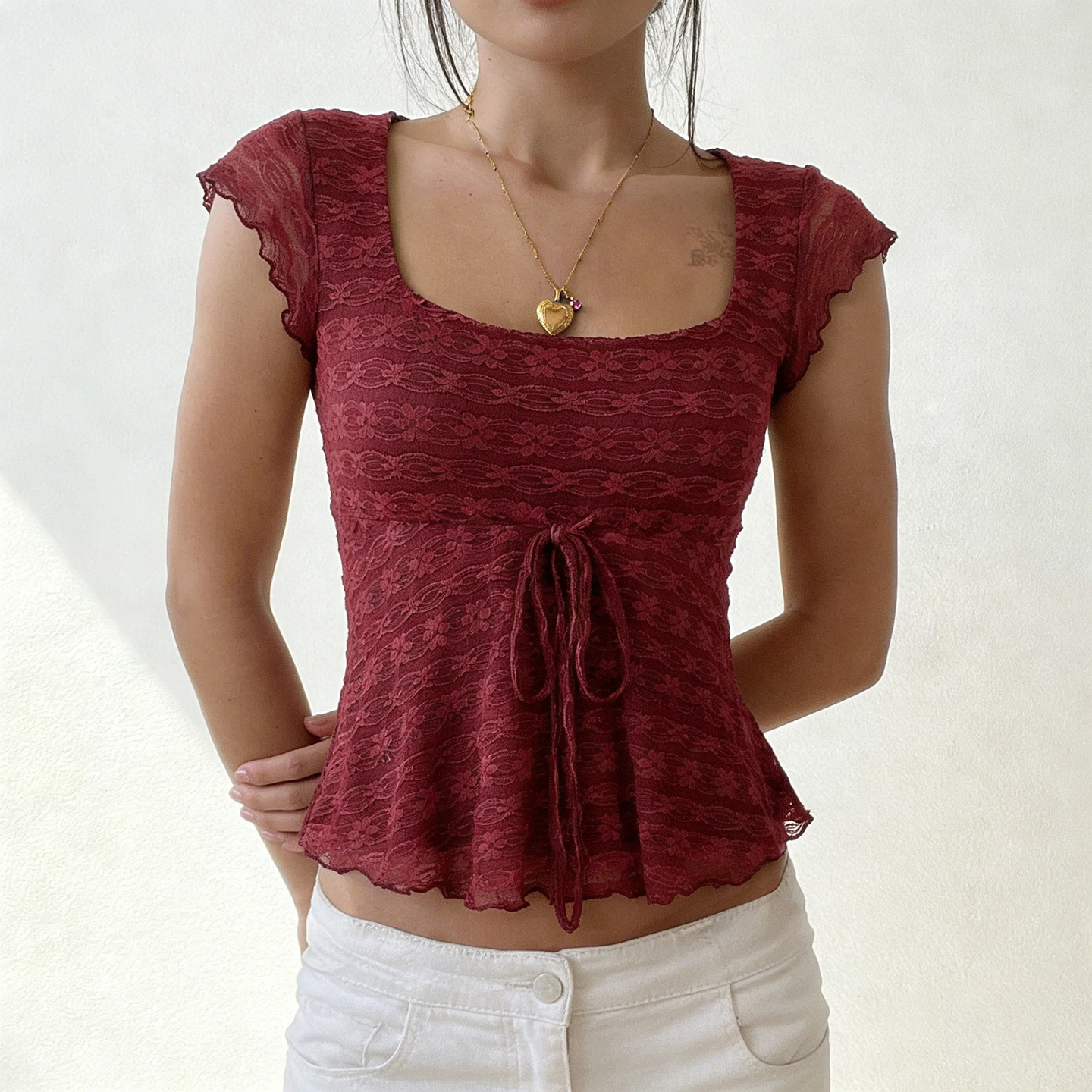 [RUOKE] French Romantic Tank Top For Women Spring Summer Lace Tie Front Slim Fit Tops Going Out Date Night Festival Outfits Chic
