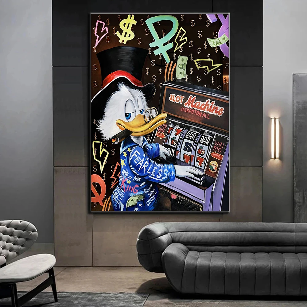 Donald Duck Playing Slot Machine Painting Modern Graffiti Wall Art Canvas Poster Print Disney Pop Pictures for Room Home Decor