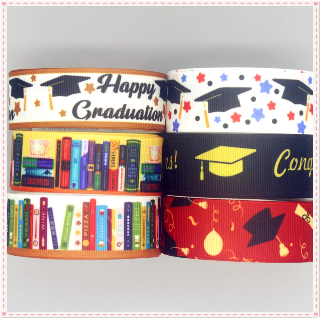DHK 50yards Graduation School Book Printed Grosgrain Ribbon Accessories Material Headwear Decoration DIY Sewing Craft S2259