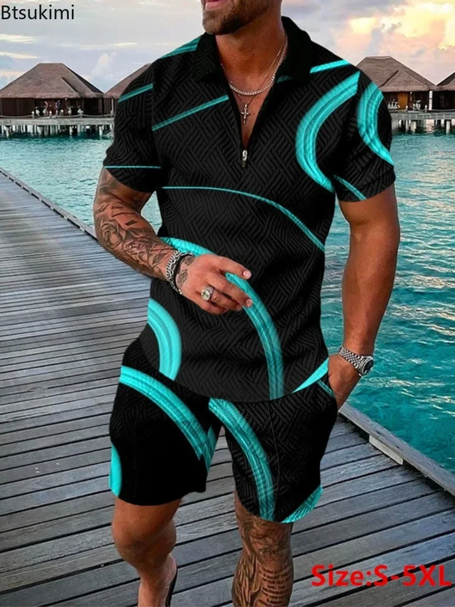 2026 Men's Summer Casual Zip Short Sleeve Polo Shirt and Beach Shorts 2 Piece Sets Tracksuit Men's 3D Print Sports Suit Sets 5XL