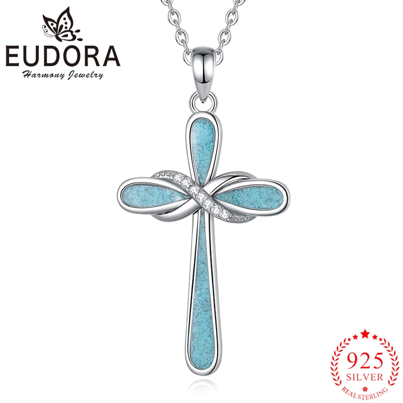 

Eudora 925 Sterling Silver Turquoise infinity Cross Necklace Christian Amulet Pendant Religious Jewelry Exquisite Gift for Woman