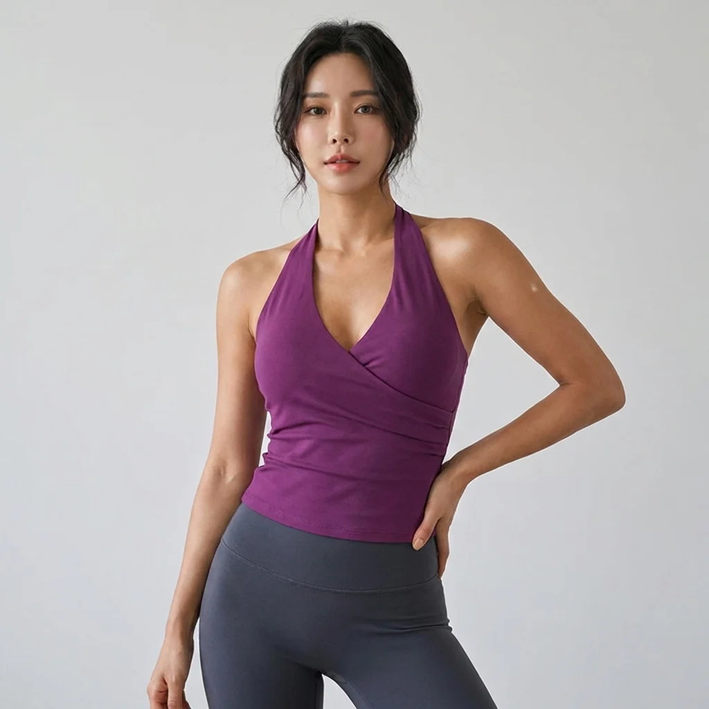 Damen Sexy V-Ausschnitt Nude Sport-BH mit Neckholder, Atmungsaktives Gym-Top, Activewear, Fitness-Yoga-Top, Neckholder-Design, Yoga-BH – Detail 2