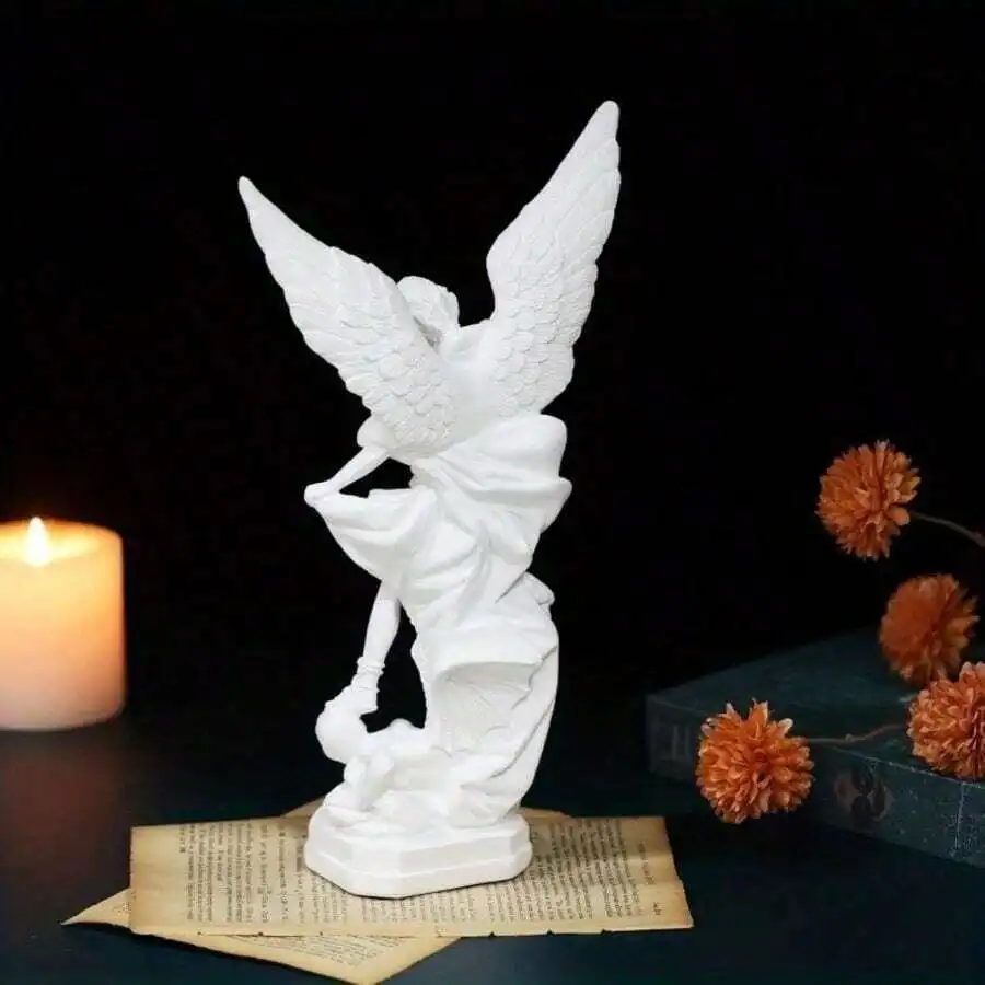 12.4in White San Miguel Arcangel Statue, St Michael Statue, Resin Saint Archangel Michael Statue, Saint Michael Defeating Satan