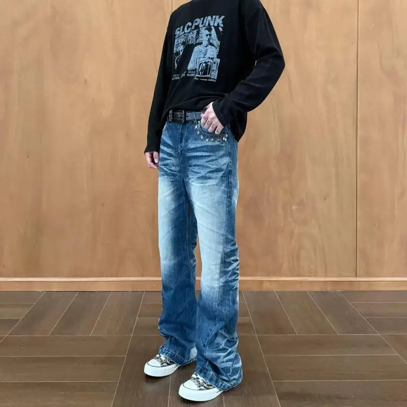 Men's Rivet Design Retro Blue Jeans Casual Pants Boy Street Bottom Wide Legs Sweatpants Male High Waist Unisex Baggy Trousers