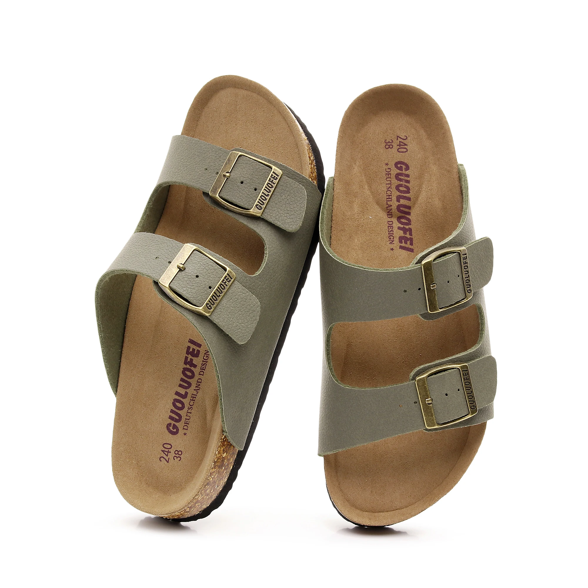 Green Sheep Skin Unisex Cork Footbed Slide Sandal, Arch Support Summer Outdoor Sandals with Adjustable Buckle for Women and Men