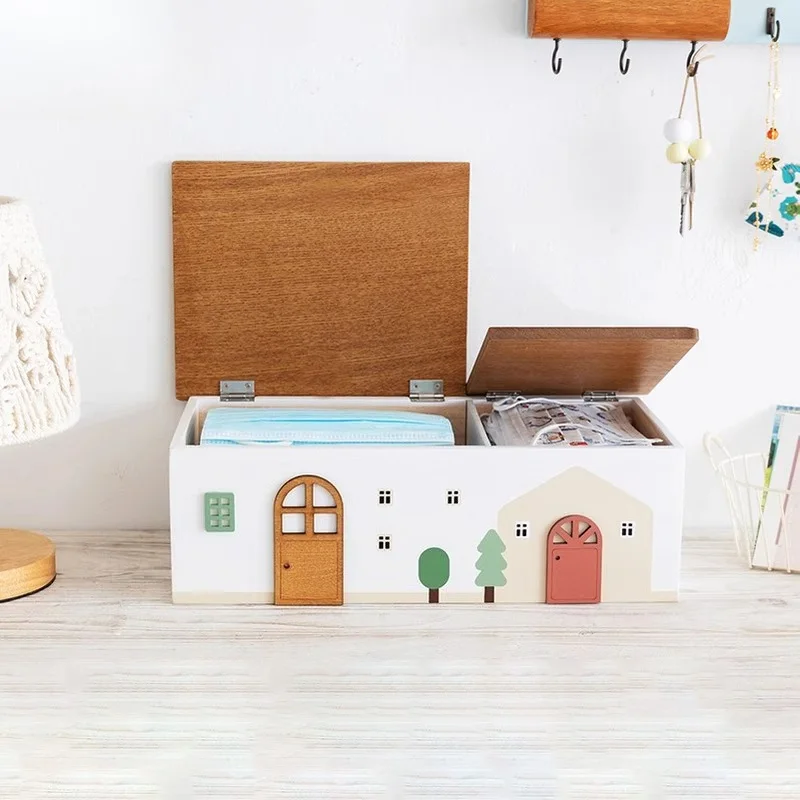 

Creative house shaped wooden storage box, wire box, tissue box, wall mounted shelf, Japanese home desktop decoration ornaments