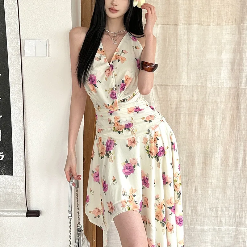 Sexy Backless Lace up Scollo a V Appeso al collo Abiti con stampa floreale Abiti estivi da donna Nuovo mini abito skinny a vita alta con orlo irregolare