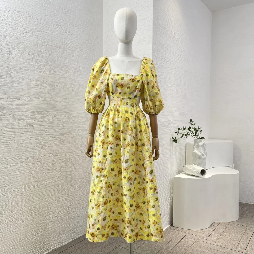 2025年ニューファッション女性服イエロー花柄プリントカットアウトウエストバックレスハーフスリーブスクエアカラーミディドレス