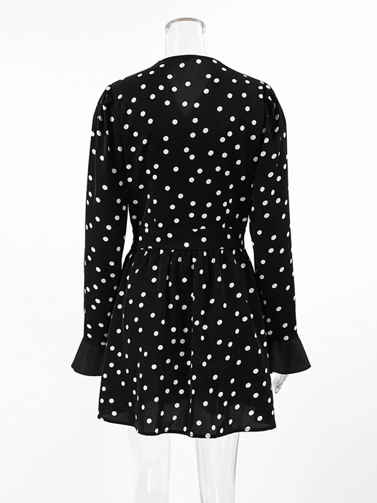 Mumaroho 2024 Autumn Winter Women Elegant Polka Dot Mini Dress V-neck Black Long Sleeve Flare Mini Dress For Women