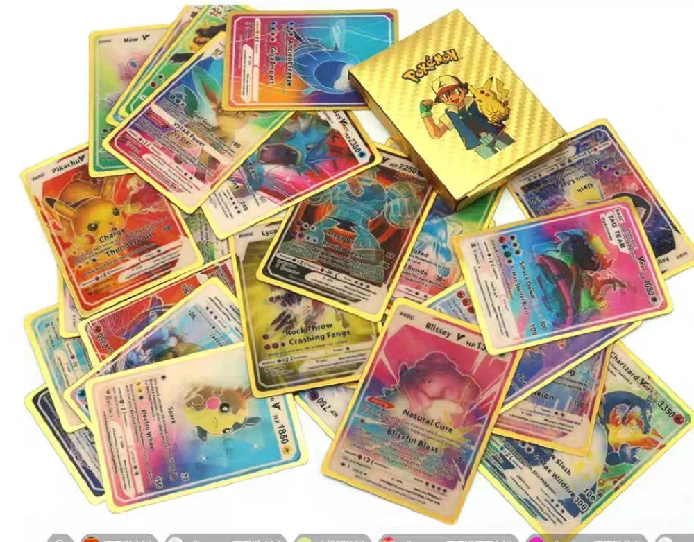 55 Uds. Tarjetas de Pikachu de lámina dorada en inglés, tarjetas originales doradas, plateadas y negras, soporte de juego de Anime, paquete de tablero, serie de juguetes de regalo para niños