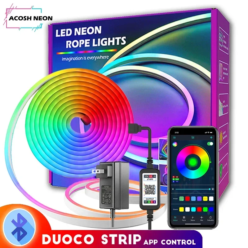 RGB Neon Light LED Strip Bluetooth Control Flexible Rope Tube Lamp Smart Color Changing RGB Rope Lights For Indoors Home