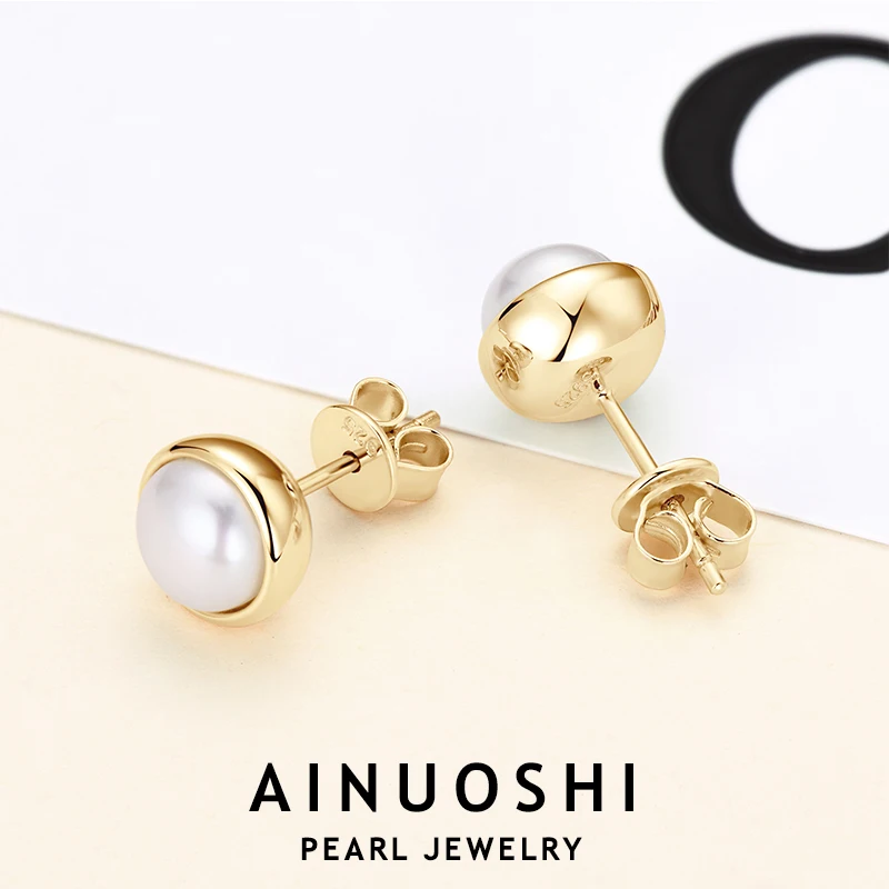 AINUOSHI Natural Freshwater Pearl Stud Earrings for Women Real 925 Sterling Silver Bezel Setting 3.5-4mm/6.5-7mm Pearls Earring