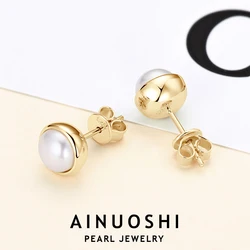 AinUoshi-パールスタッドイヤリング,925スターリングシルバー,ベゼル設定,3.5-4mm, 6.5-7mm,パールイヤリング