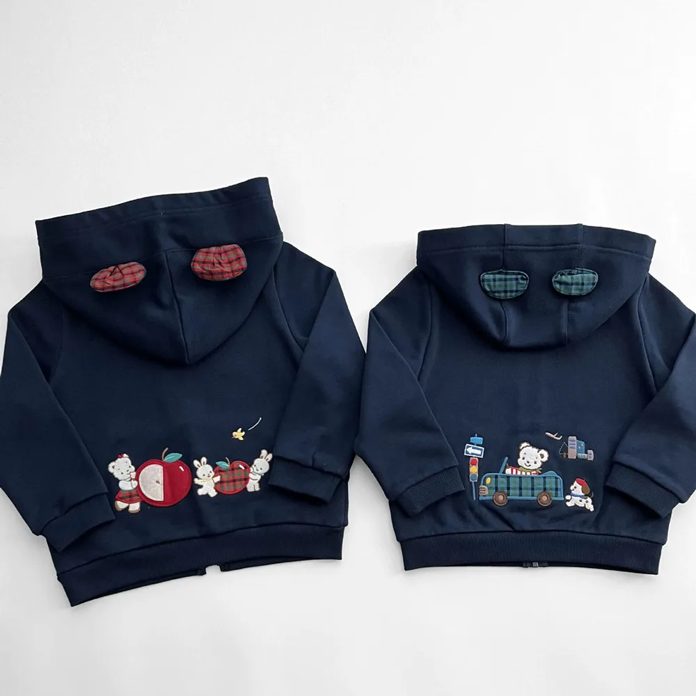 kids clothes baby coat Cute Bear Eared Hoodie Cartoon pattern embroidery classic checkered pattern Sweatshirt