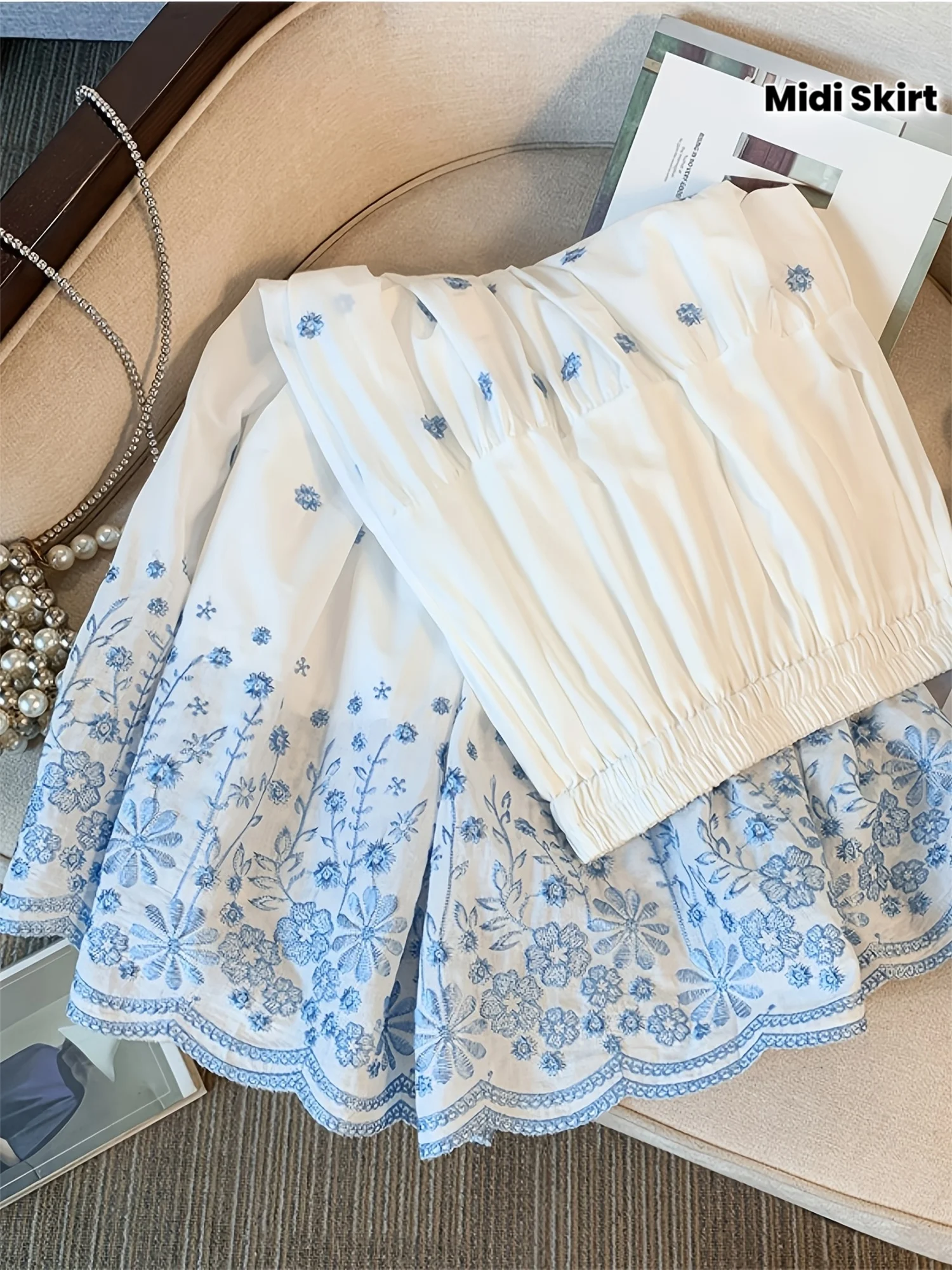 New Women's Embroidered Midi Skirt, White Floral Embroidered Half-Skirt for Women