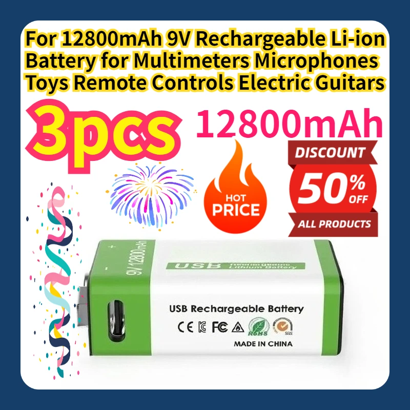 For 12800mAh 9V Rechargeable Li-ion Battery for Multimeters Microphones Toys Remote Controls Electric Guitars
