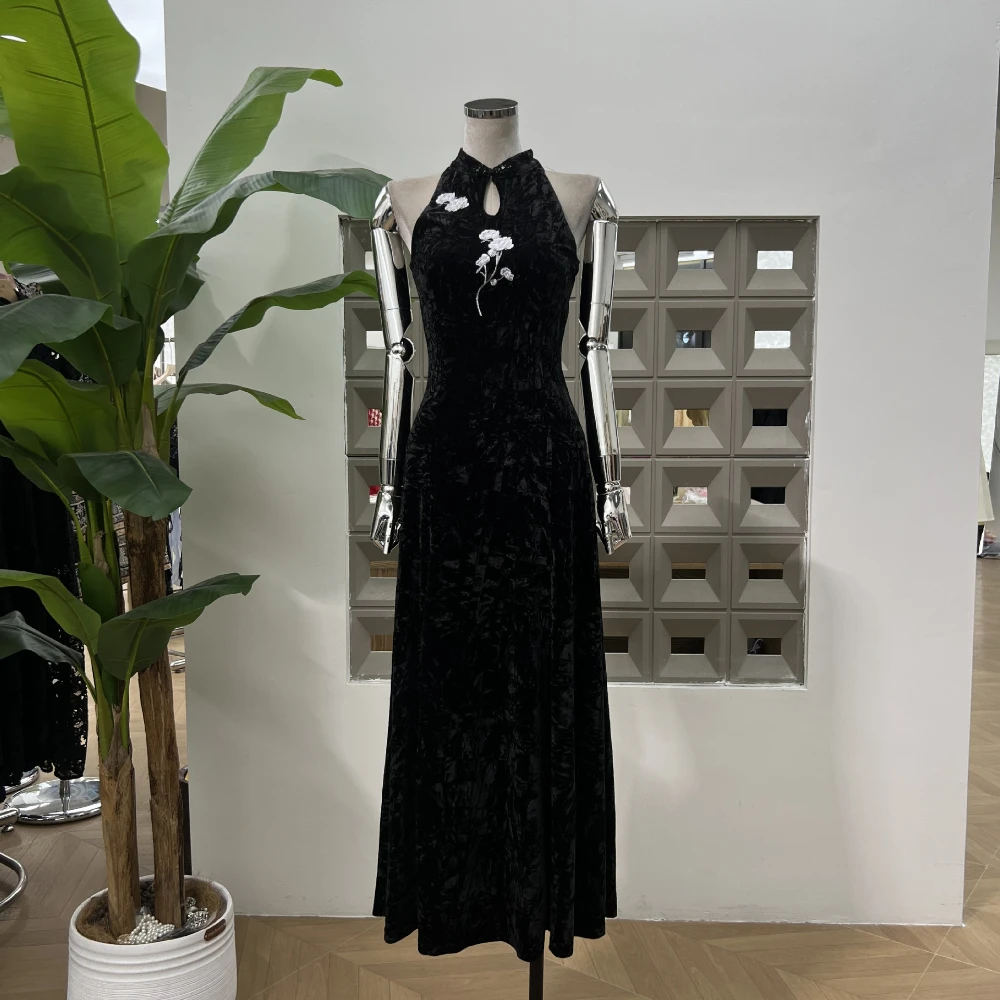 

Винтажное черное тонкое бархатное платье Cheongsam с жемчугом, элегантное женское платье в стиле ретро, эстетичное платье для вечеринки, дня рождения, клубная одежда знаменитостей