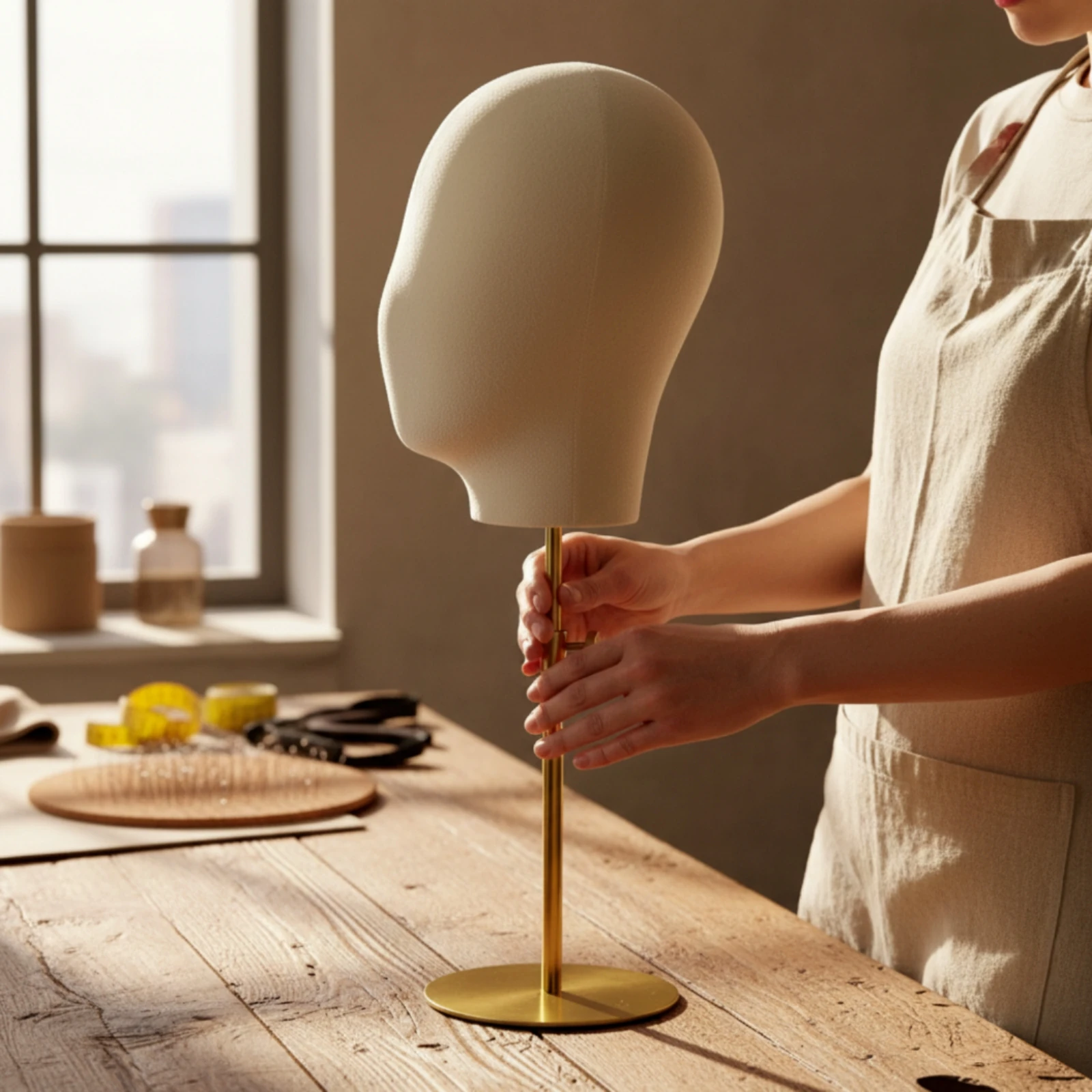 Mannequin Head Stand Height-Adjustable Hat Display with Velvet Head Hairpiece Stand with Metal Base Gold-Colored Professional