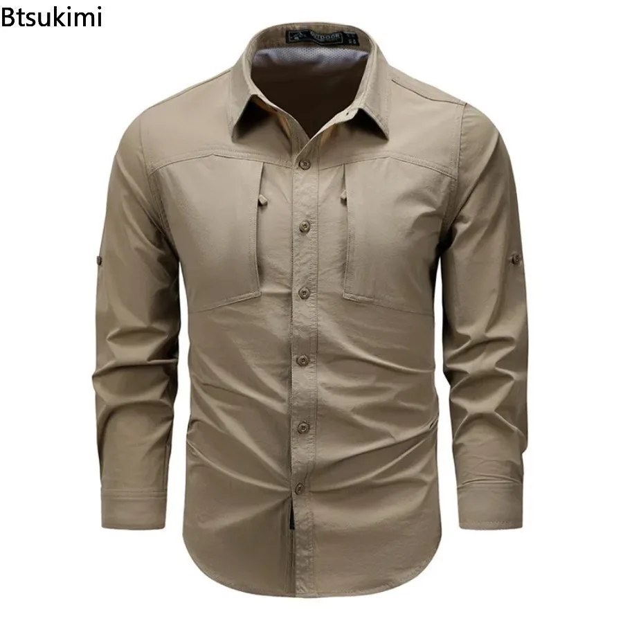 New Men's Quick Dry Long Sleeve Tactical Shirt Spring Men Trendy Stretch Zipper Pockets Tops Back Breathable Thin Outdoor Shirts
