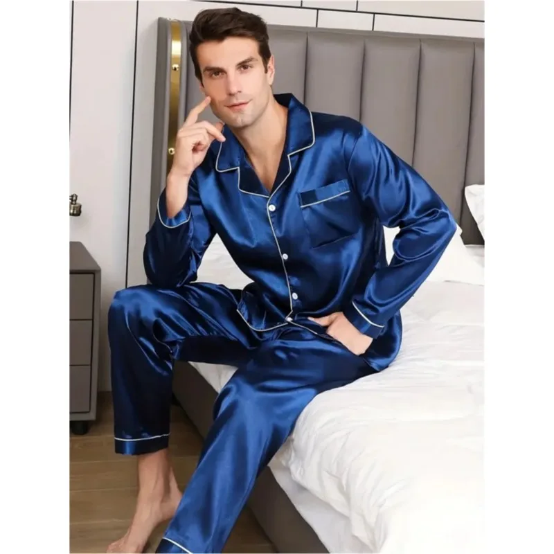 Men\'s Pajamas Set Silk Satin Sleepwear Long Sleeve Nightwear Male Home Suit Soft Loungewear Leisure Big Size Sleepsuit 2pcs/set