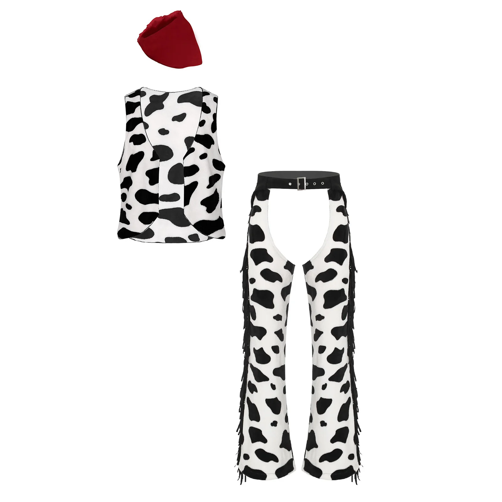 

Men Cowboy Cow Spot Print Dress-up Outfits Halloween Cosplay Set Vest Side Fringe Cutout Crotch Chaps Pants and Scarf Bandanna