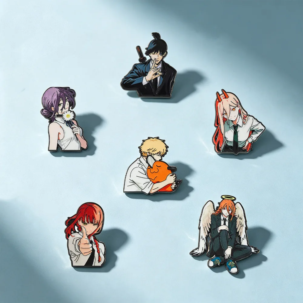 6Pcs Cute Anime Chainsaw Man Character Enamel Pin Makima Power Denji Metal Brooch For Denim Jacket Bag Decor Manga Fan Gift