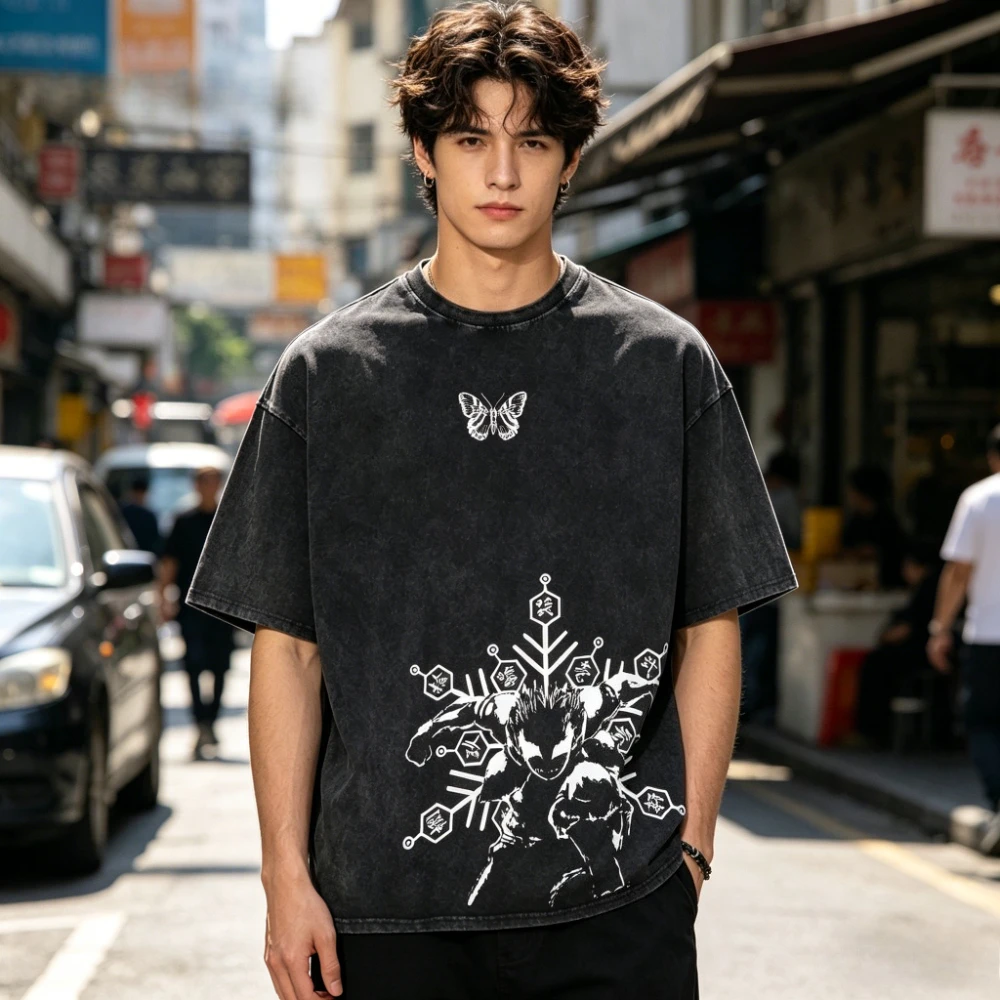 2026 Bestseller Demon Slayer Kokushibo Mond-Katana T-Shirt Vintage Gewaschene Baumwolle Grafik-T-Shirts Harajuku Streetwear für Männer und Frauen