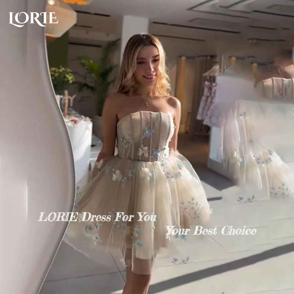 LORIE 3D Flowers Lace Short Elegant Wedding Dresses Strapless Applique Ball Bride Gowns Princess Bridal Gown Party Customized