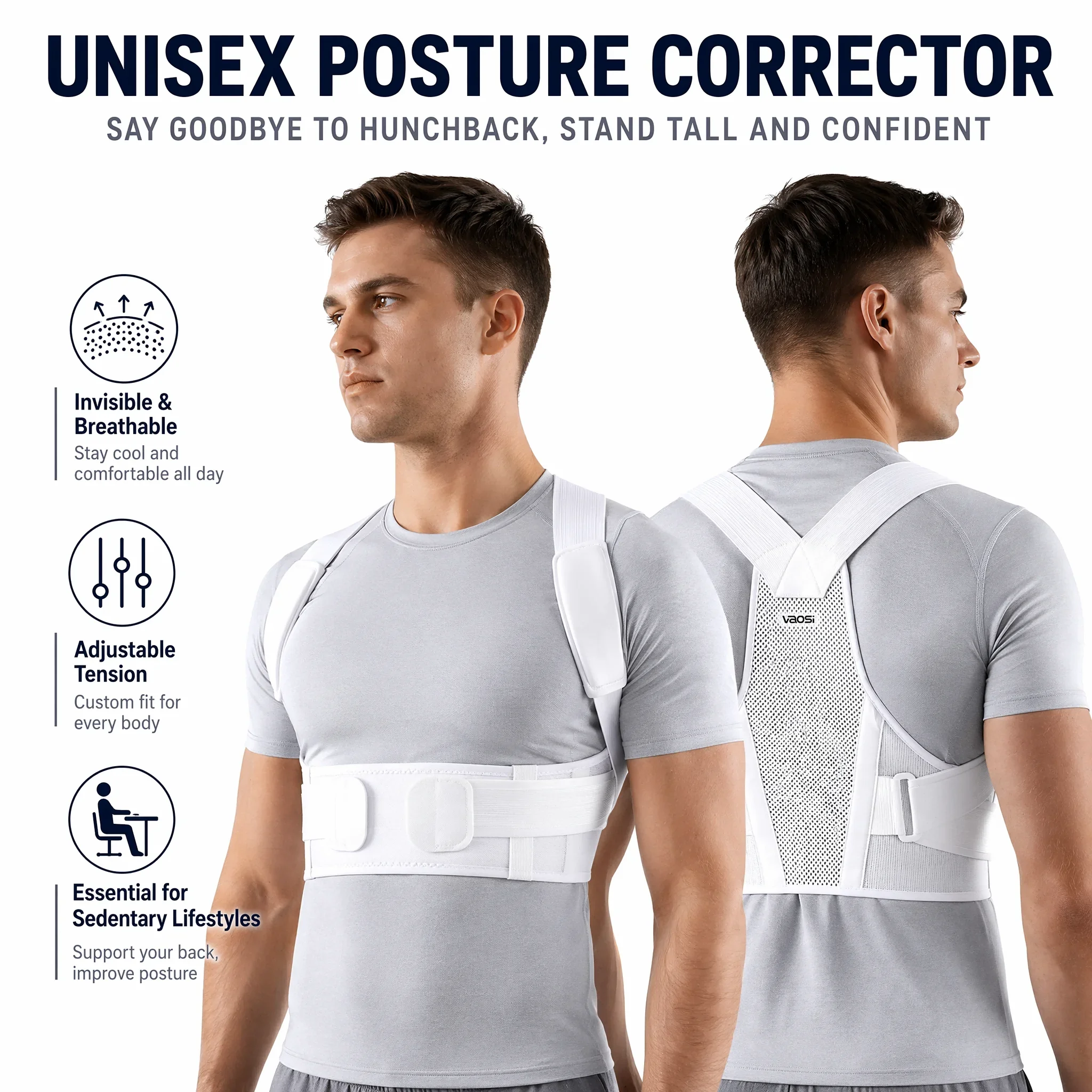 VBOSi Invisible Breathable Posture Corrector Adjustable Back Support Belt for Men Women Office Sedentary Use Prevent Slouching