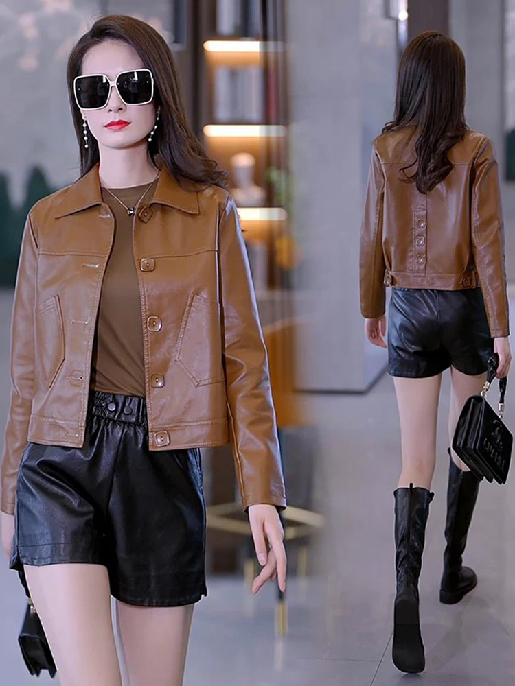 ファッショナブルなPUレザージャケット レディースコート 春秋新作 高級感のあるレディーストップス ボタンディテール付きジャケットデザイン