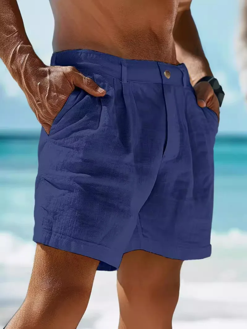 

Pure Linen Shorts for Men 2025 Summer New Fashion Solid White Loose Holiday Shorts Man Casual Plus Size Button Fly Short Pants