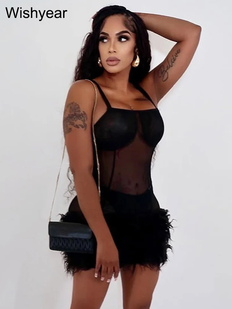 Nuove donne soffice pelliccia patchwork mini abito nero maglia trasparente aderente night club senza spalline backless autunno compleanno abiti