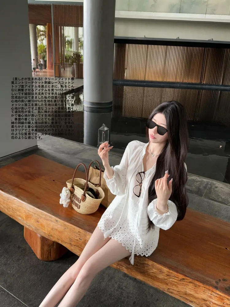 

Cleanfit Feelings Entrance Tiet Embroidered Lace Pure Cotton Summer Top Women's Loose Fit Long Sve V-Ne irt