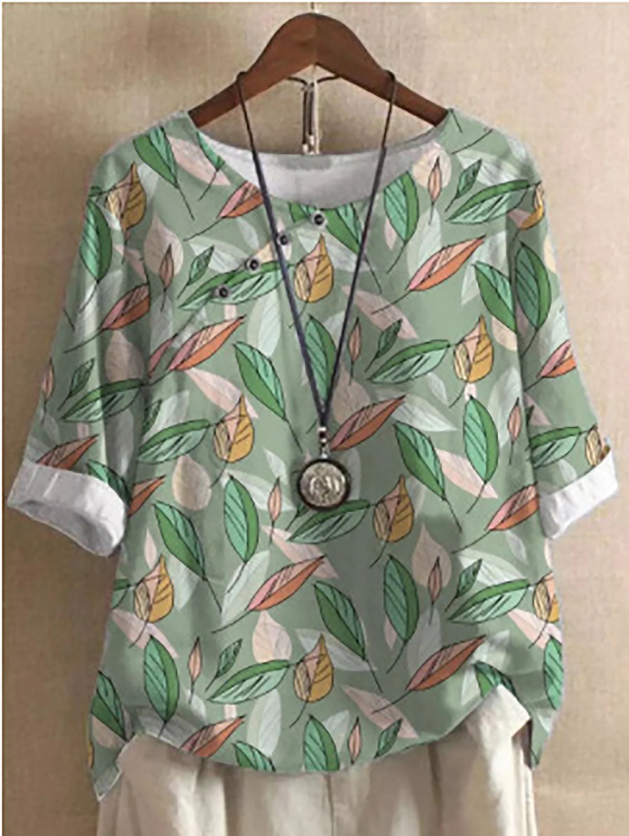 2024 summer vintage cotton and linen fashion print loose casual shirt short sleeve T-shirt woman