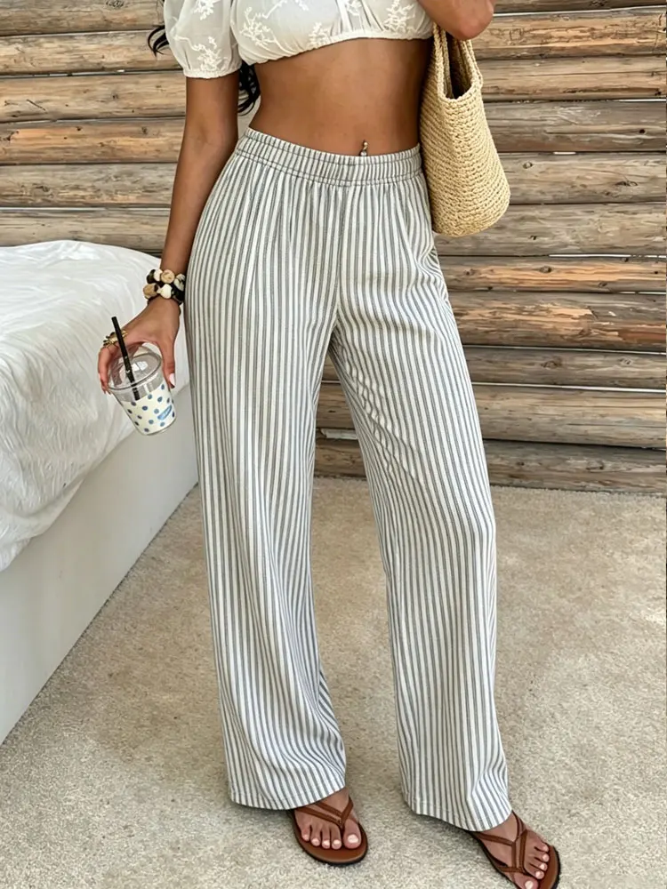 

Womens Soft Striped Casual Pants Summer New High Stretch High Waist Straight Leg Trousers For Daily Vacation Walking Leggings