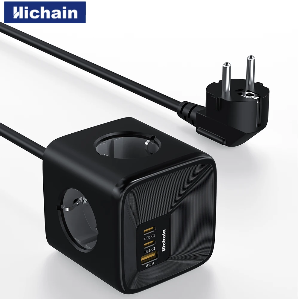 Hichain GaN 33W 7IN1 Power Strip Cube With 3AC Outlets 1USB A Port 2Type C and 1.5M Cable Multi Power Socket For Home Office