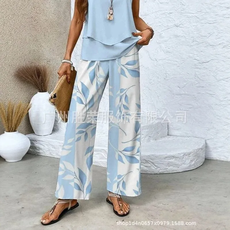 Long Pants Set Sleeveless Full Length Casual with No Sleeves T Shirt Top Printed Pattern Spring Matching Set Women Long Pants