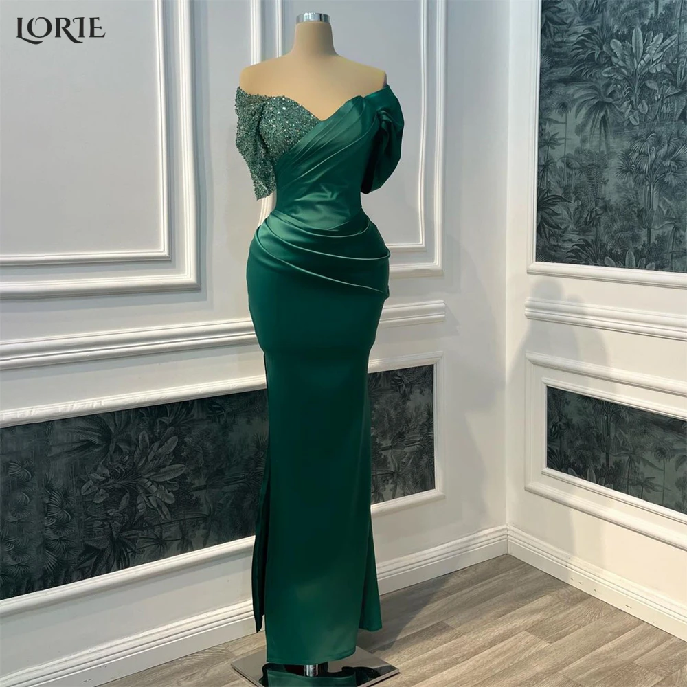 

LORIE Deep Green Mermaid Evening Dresses Shiny Satin Pleated Glitter Off Shoulder Prom Dress Saudi Arabia Bride Party Gowns 2022