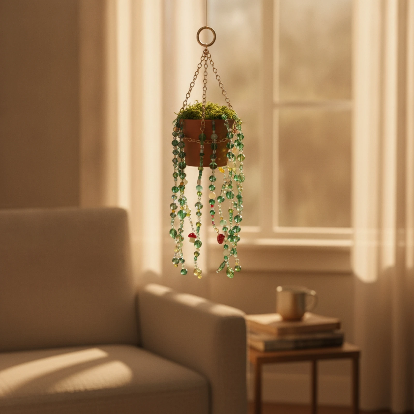 Hanging Plant Pot Ornament Decorative Hanging Planter Ornament with Beads Disco Ball Planter with Chain Boho Stylish for Window