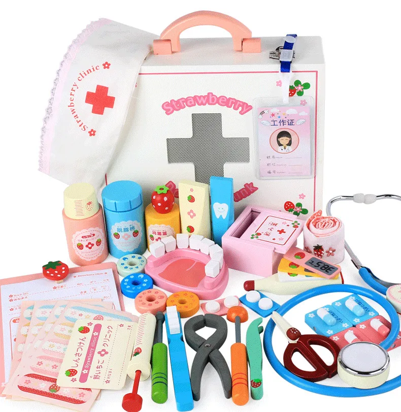 Crianças de madeira makeshift casa simulação caixa de medicina conjunto médico enfermeira menino menina bebê rpg brinquedo