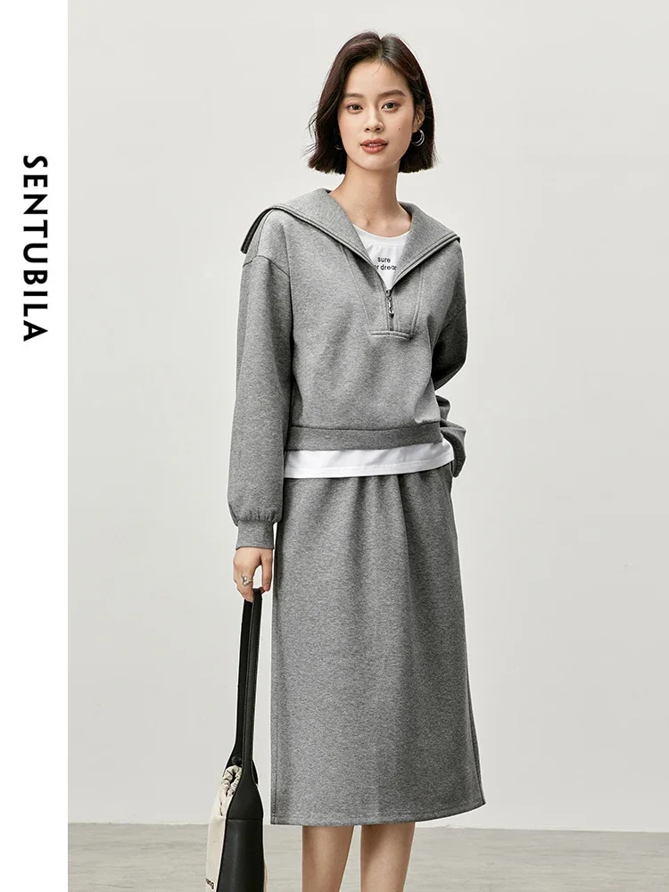 SENTUBILA Women Sweatshirts and Skirt 2 Piece Set 2024 Autumn Cozy Casual Outfits 2 in 1 Top Slit Skirts Matching Set 143Z55328