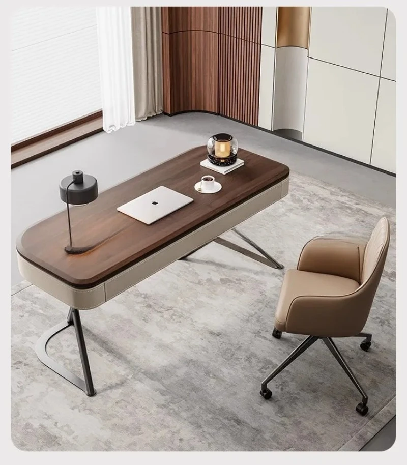 Office Table, Walnut Desk, Office Desk and Chair Set, Retro Walnut Wood Veneer, Computer Desk, Italian Executive Office Desk Set