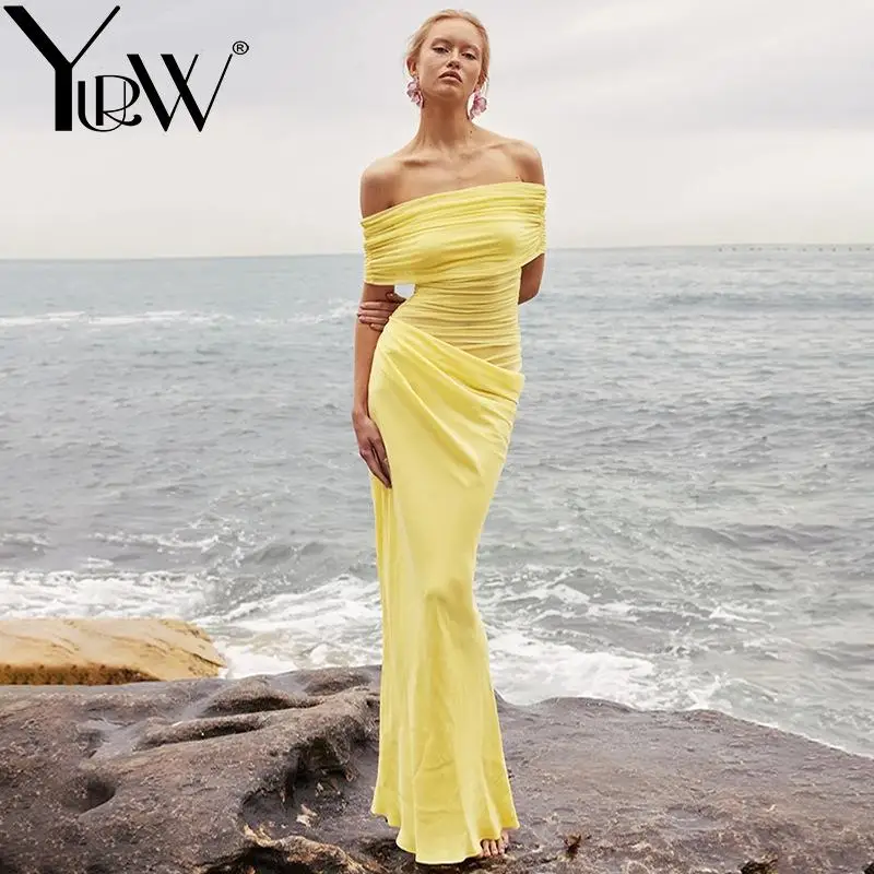 

YUERWAN Women Dress 2025 Summer Fashion Solid Slash Neck Off Shoulder Perspective Irregular Wrinkle Slim Fit Long Sexy Dresses