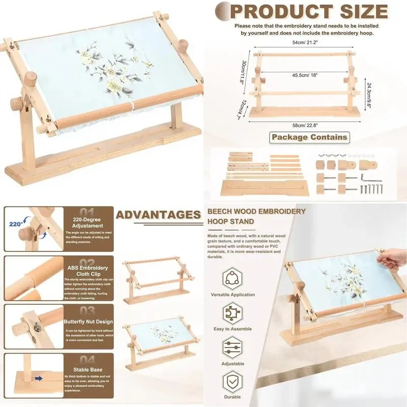 Adjustable Rotating Beech Wood Embroidery Ring Holder Rectangular Cross Stitch Stand Scroll Frame DIY Art Tool