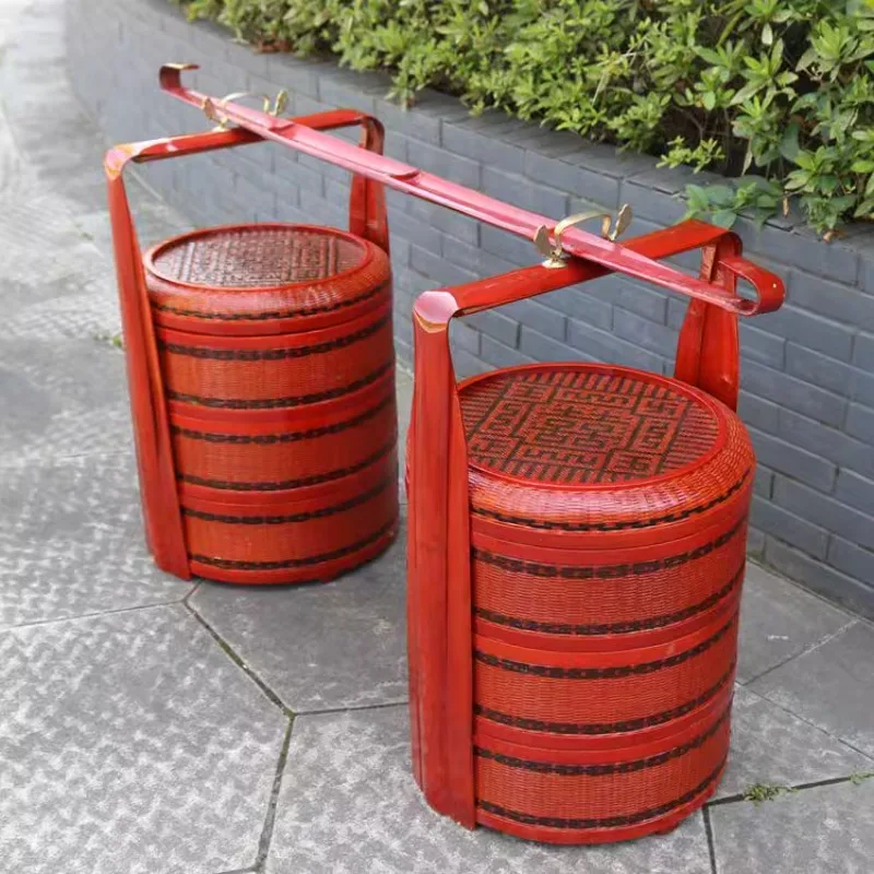 Bamboo basket Double-layer bamboo red wedding basket with a pair of poles