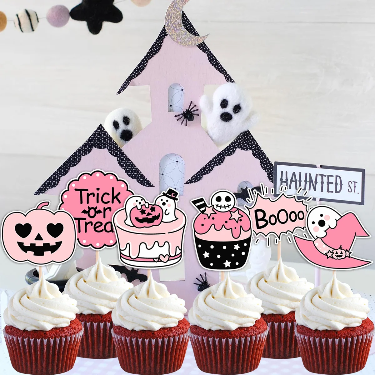 18Pcs Pink Pumpkin Ghost Cupcake Topper Cute Halloween Cake Toppers for Trick Or Treat Party Decoration Home DIY Party Supplies