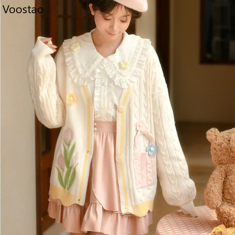 Mori Girl Style Sweet Knitted Cardigan Autumn Winter Women Kawaii Tulip Embroidery Sweater Coat Girls Cute Loose Knitwear Tops